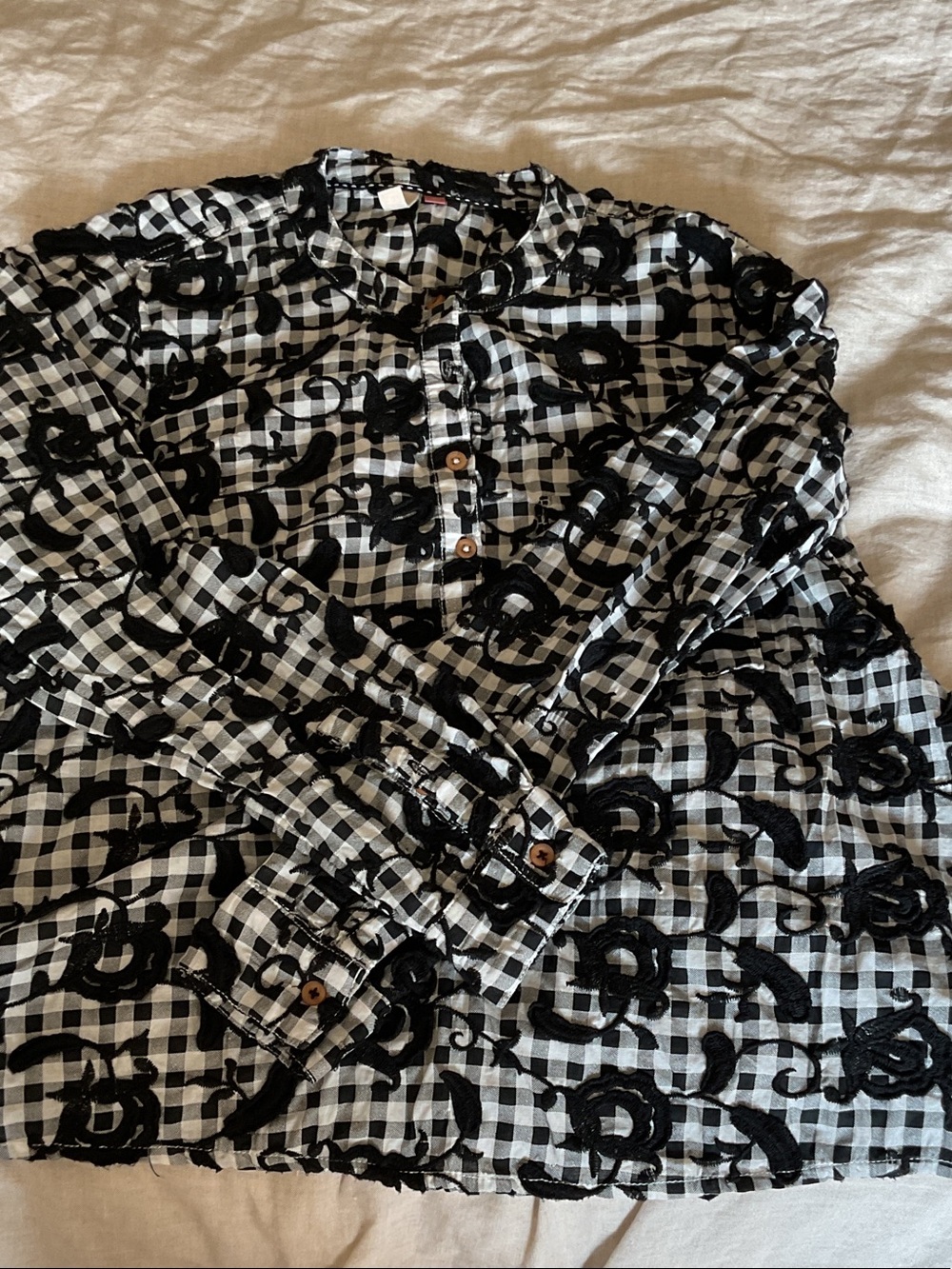 Pilcro Black and White Gingham Top with Floral Embroidery